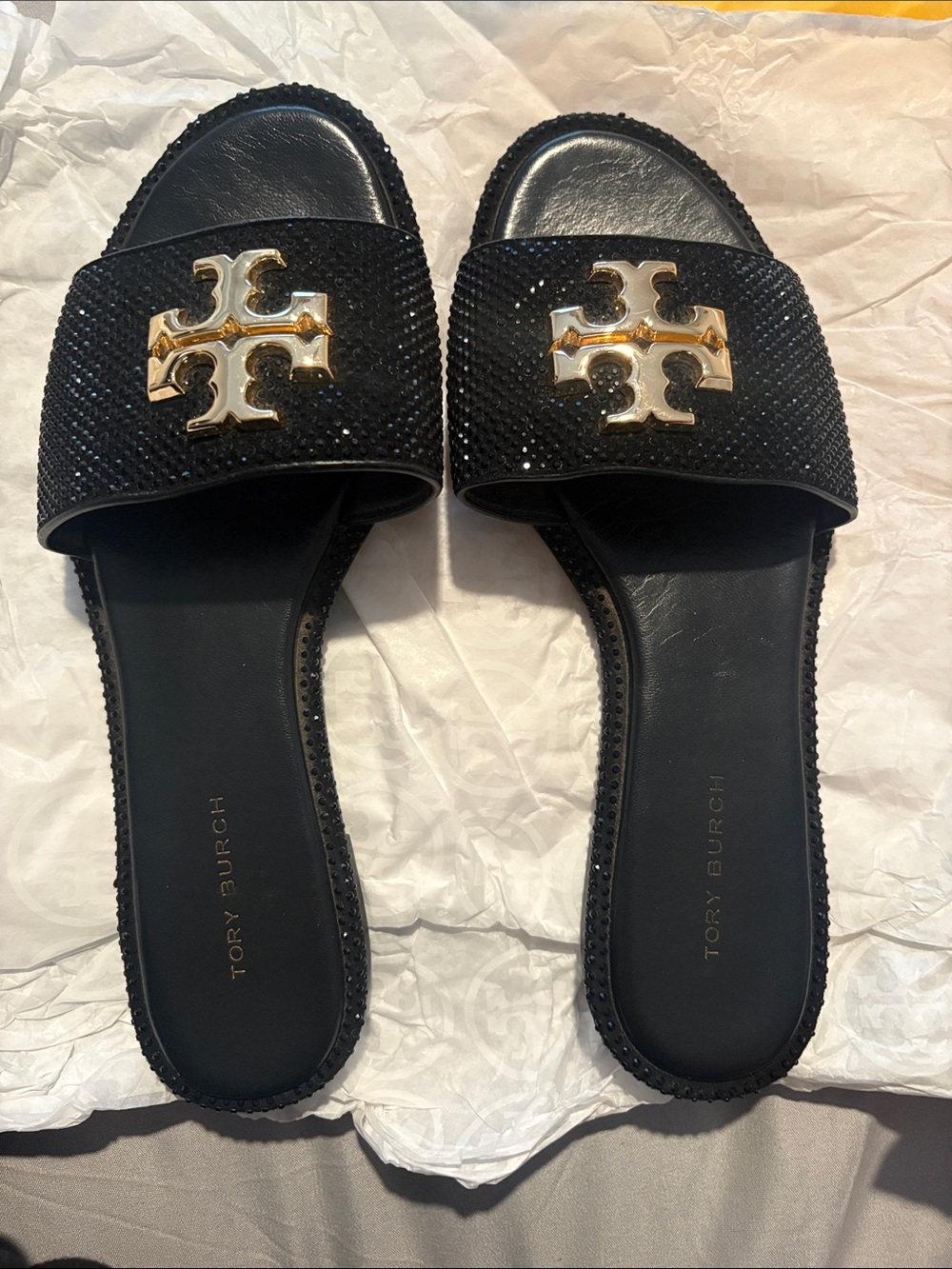 Tory Burch Black Crystal Slide Sandals with Gold Logo